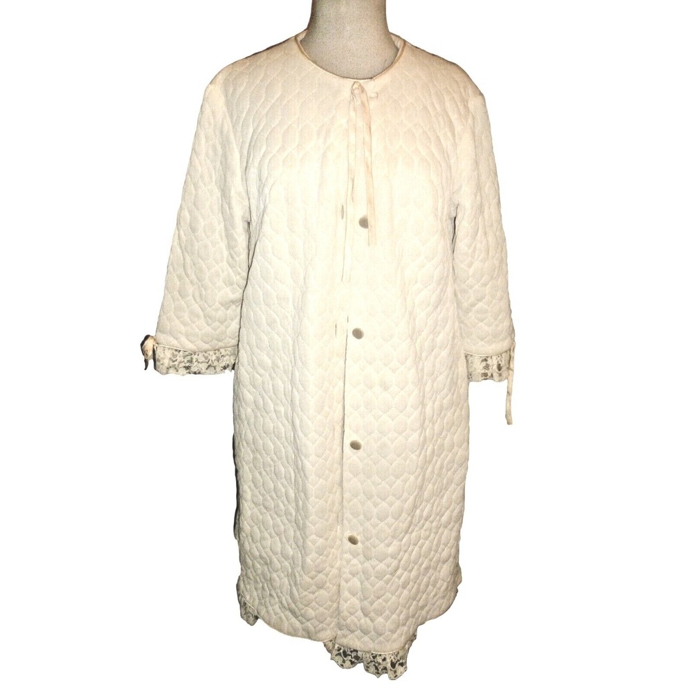 Vintage Quilted Lace Trim Robe Cream Honeycomb Button Front Loungewear L/XL